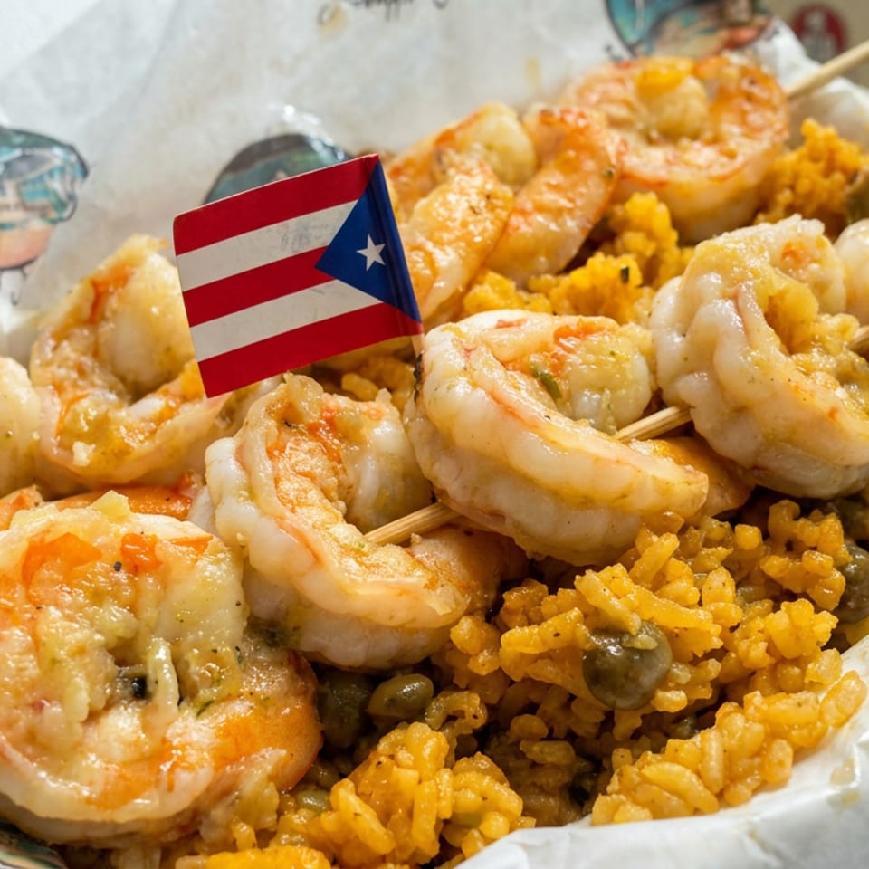 Grilled shrimp skewers served over yellow seasoned rice, garnished with a Puerto Rican flag pick.